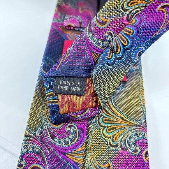 Robert Lewis Vibrant Colorful Jacquard Paisley Print 100% Silk Long Tie - Picture 8 of 10